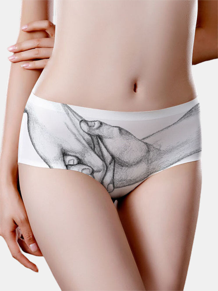 Women Cotton Breathable Hold Hands Print Full Hip Mid Waist Panty