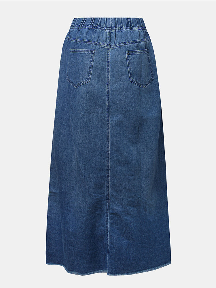 Women Distressed Solid Color Elastic Waist Loose Denim Skirt With Pocket