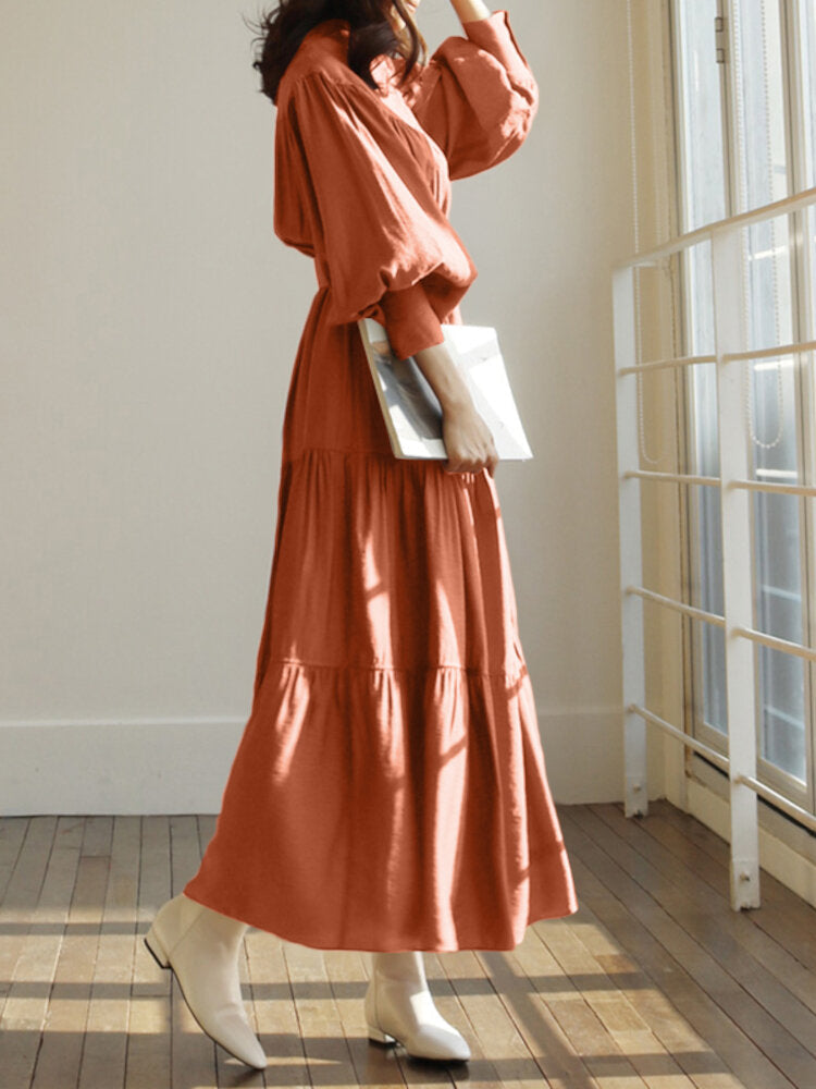 Solid Color Stand Collar Puff Sleeve Belted Pleated Shirt Maxi Dress