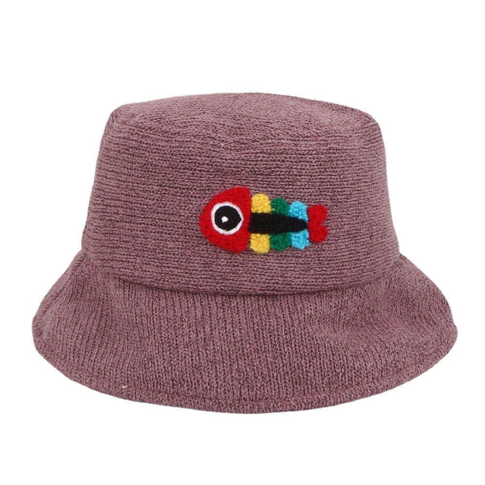 Unisex Woolen Embroidery Fish Bone Cute Casual Couple Hat Bucket Hat