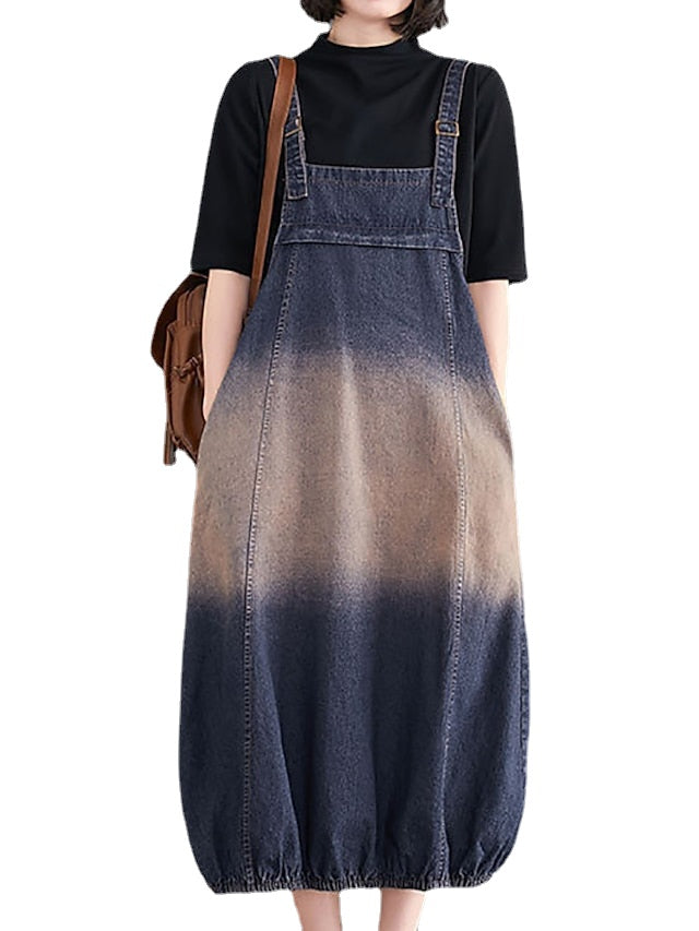 Women's Maxi Denim Pinafore Dress with Pockets - Sleeveless Square Neck for Summer