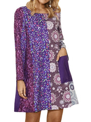 Women Ethnic Style Print Colorblock Long Sleeve Mini Dress With Pocket