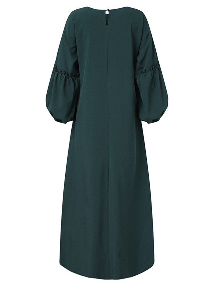 Women Long Sleeve Solid Color Belted O-Neck Button MaxiDress