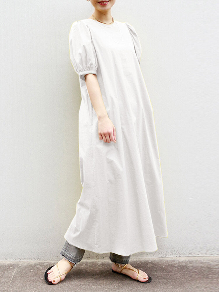 Woman Puff Sleeve Holiday Solid Maxi Dress