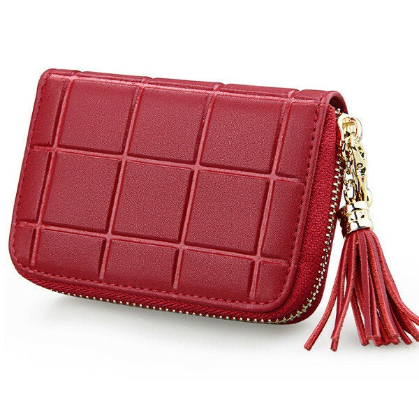 Women Genuine Leather Quilted Card Holder Girls Tassel Zipper Short Wallet Coin Bags