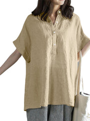 Solid Button Stand Collar Short Sleeve Loose Casual Blouse