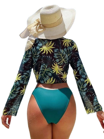 Women's Swimwear Bikini Cover Up Normal Swimsuit 3-Piece Printing Floral Green Bathing Suits Sports Beach Wear Summer