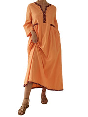 Print Patchwork V-neck Long Sleeve Pocket Casual Maxi Dress