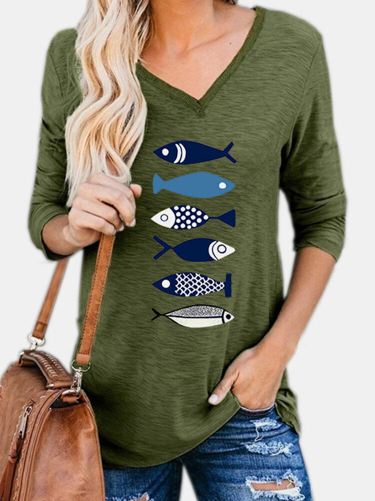 Women Fish Printed V-Neck Long Sleeve Cartoon Blouses