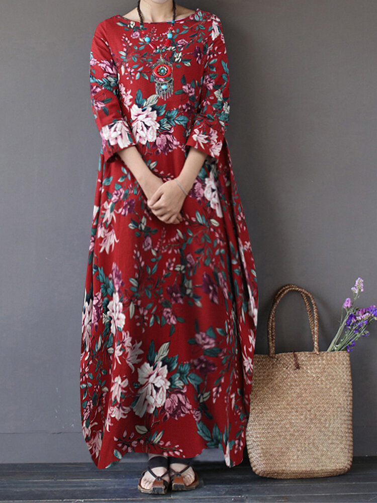 Vintage Floral Print Cotton Loose Maxi Dress with Side Pockets