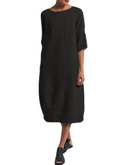 Solid Color 3/4 Sleeve Crew Neck Casual Dress