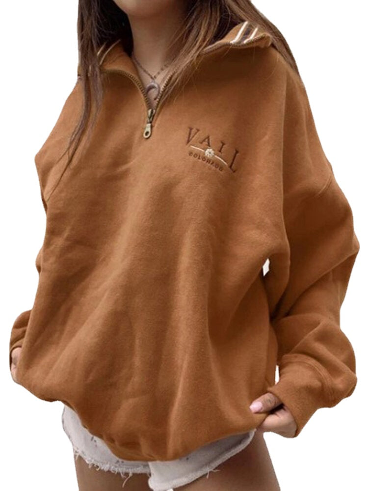 Women Letter Half Zipper Front Drop Shoulder Pullover Casual Sweatshirts