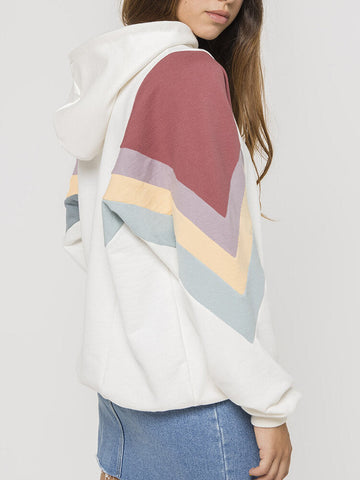 Women Side Patchwork Chevron White Long Sleeve Casual Hoodies
