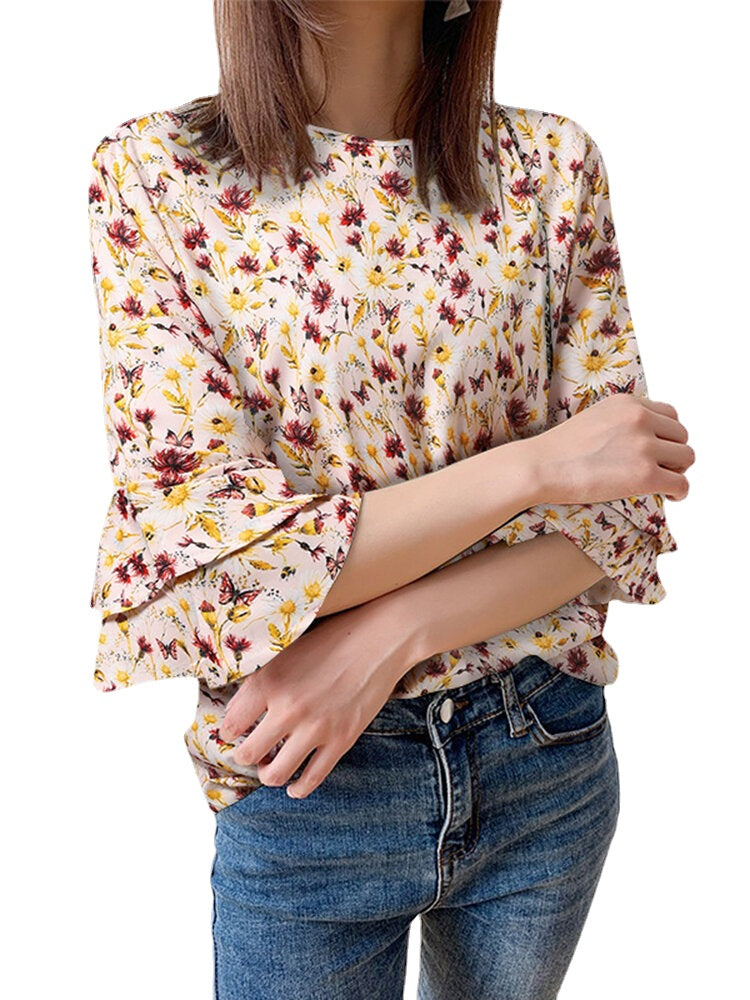 Plant Print Bell Sleeve Round Neck Blouse