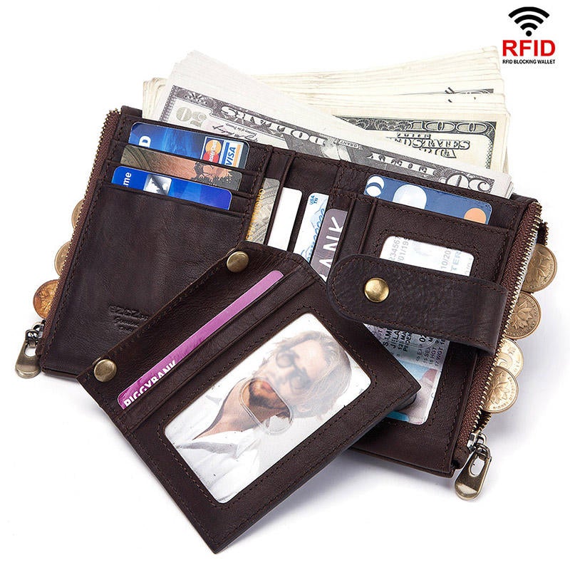 Men RFID Genuine Leather Coin Bag Detachable Card Holder Wallet