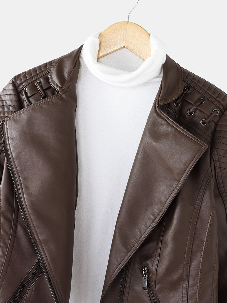 Women Faux PU Leather Solid Color Motorcycle Jacket