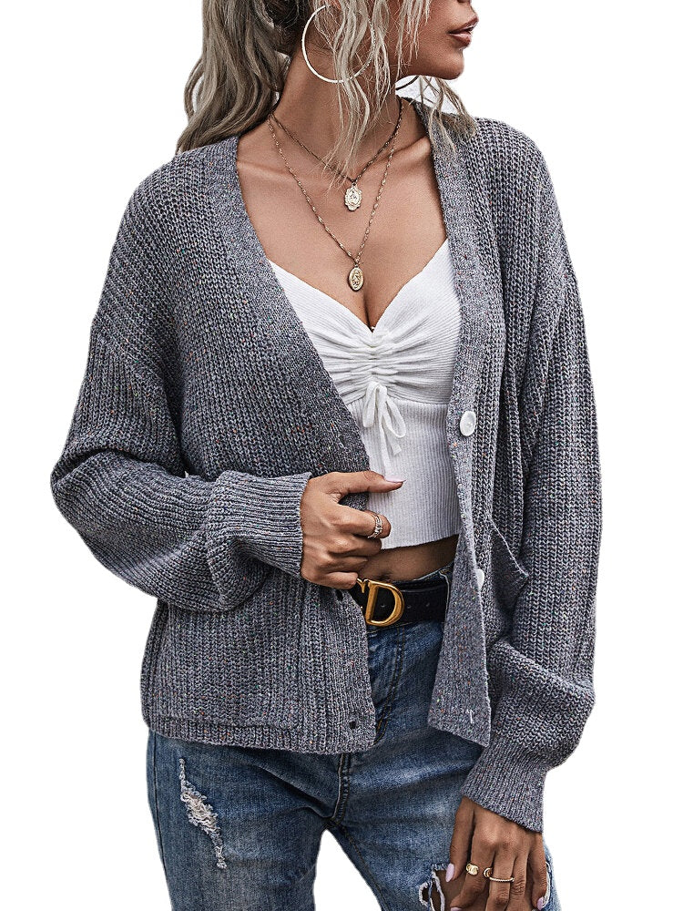 Women Solid V-Neck Button Up Knitted Casual Double Pockets Cardigan Sweater