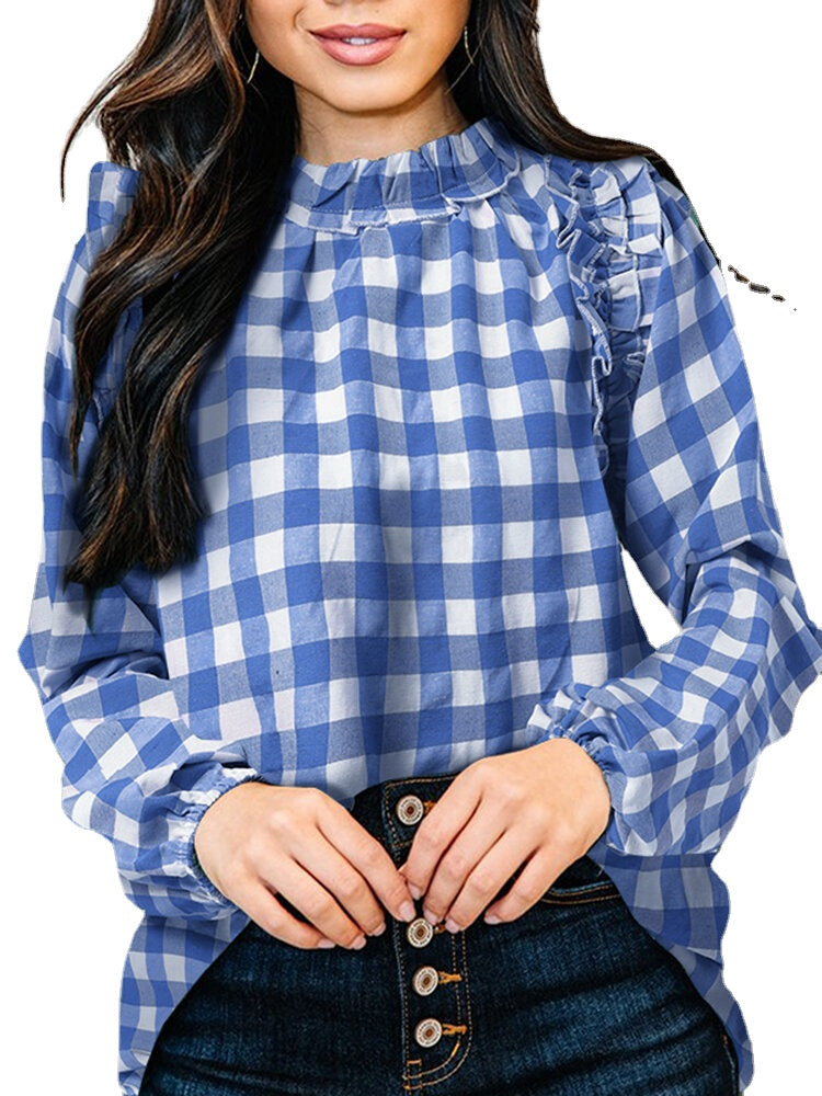 Plaid Long Sleeve Ruffles Casual Blouse For Women