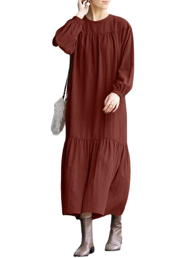 Women Cotton Solid Color Round Neck Long Sleeve Pleated Maxi Dresses