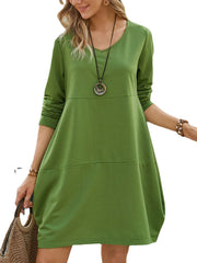 Women Solid Color Stitching V-Neck Casual Long Sleeve Mini Dresses