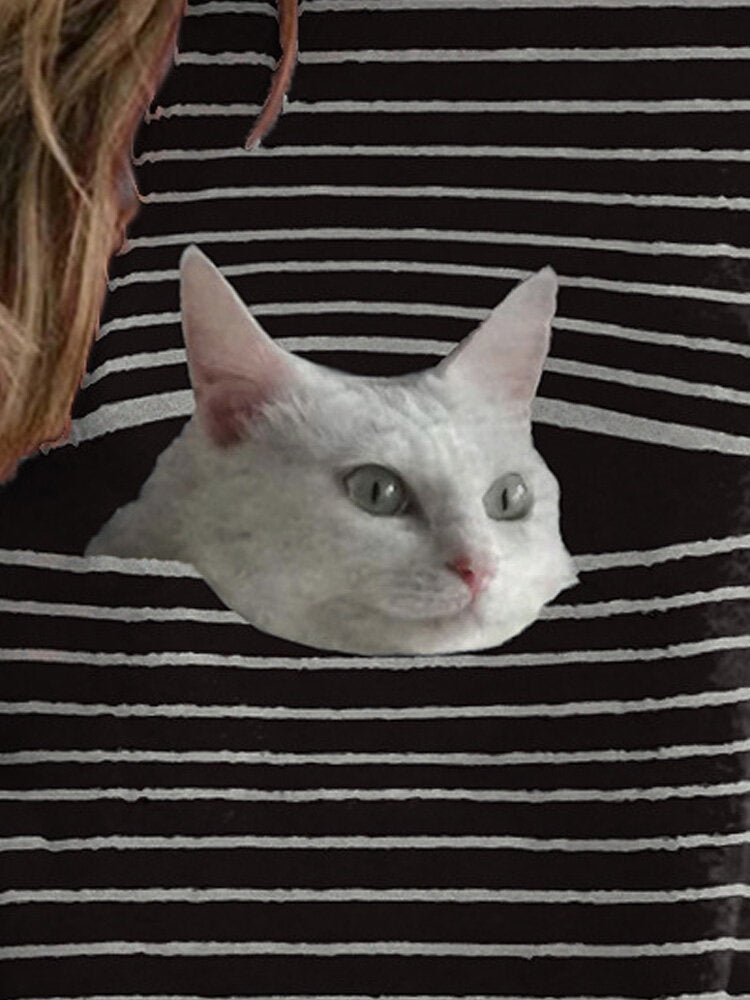 Women Stripe Cat Print Pullover Black Casual Sweatshirts