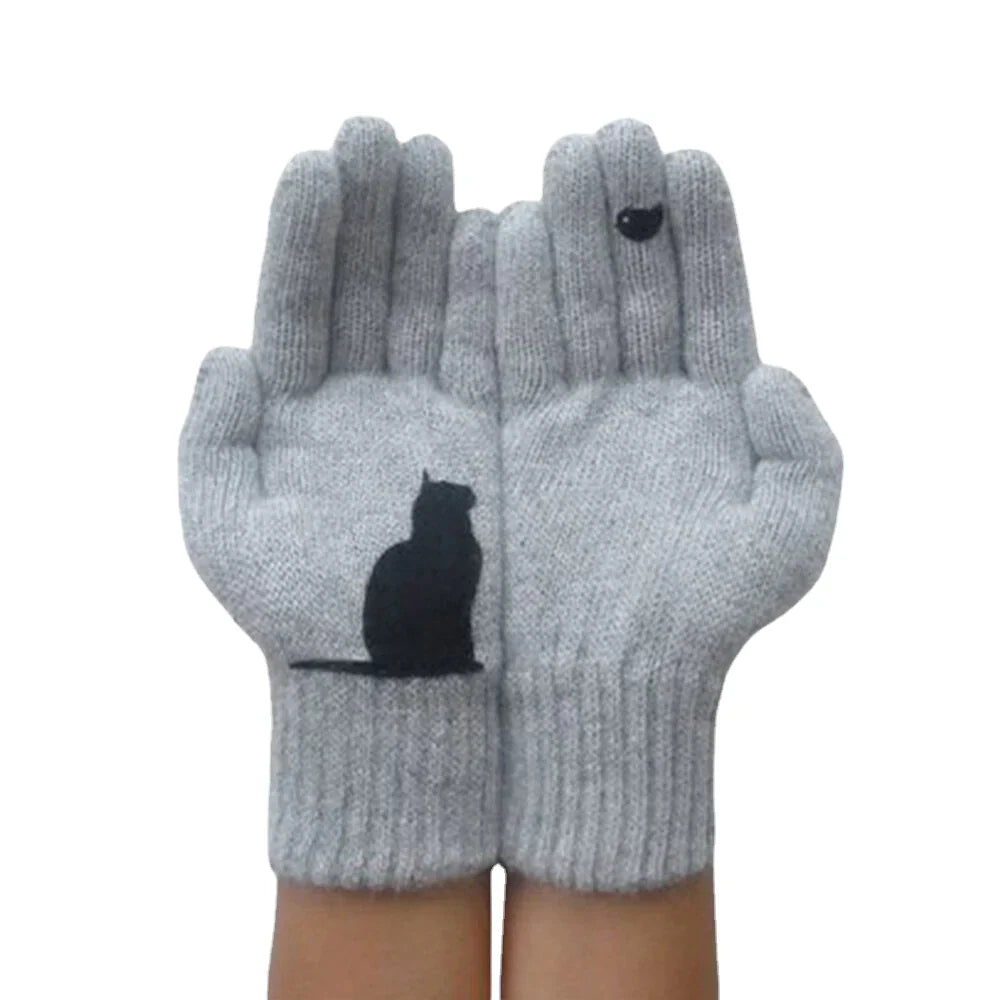 Women's Wool Gloves Autumn Winter Outdoor Warm Cold Padded Cat Bird Print Glove