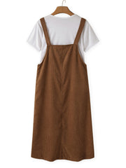 Women Solid Adjustable Shoulder Strap Front Pocket Corduroy Button Sleeveless Midi Dresses