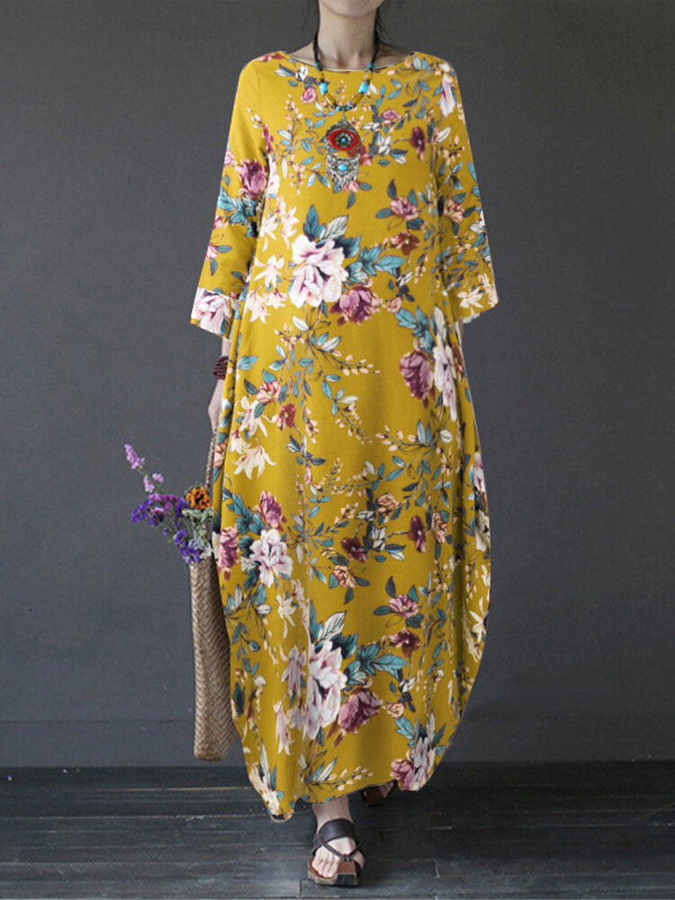 Vintage Floral Print Cotton Loose Maxi Dress with Side Pockets