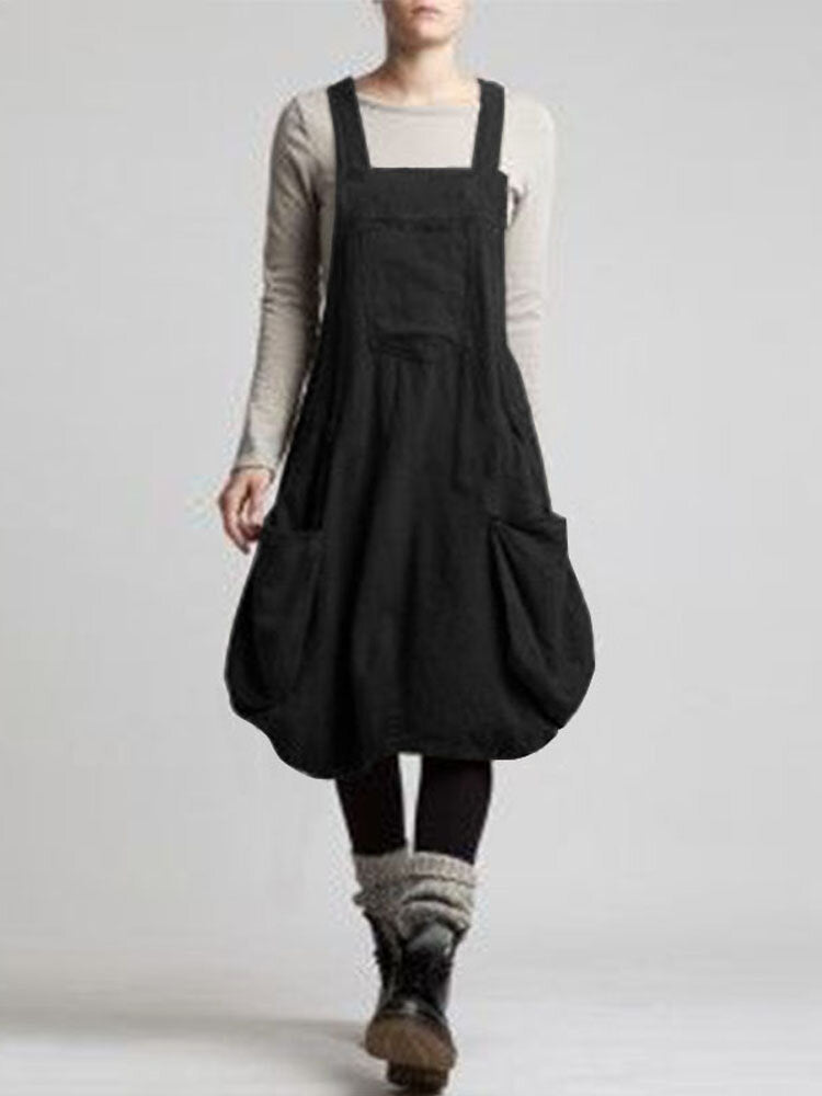 Women Straps Sleeveless Back Cross Pocket Dress Overalls