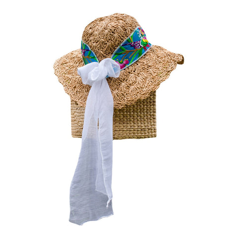 Women Embroidered Printed Straw Hat With Scarf