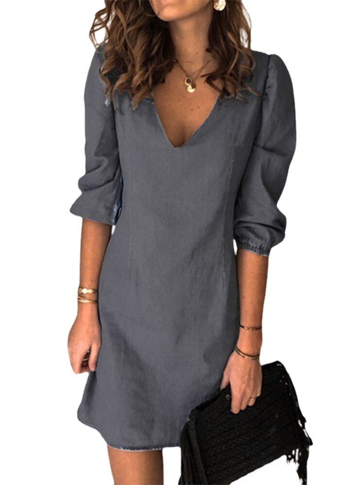 Women V-Neck 3/4 Sleeve Casual Demin Mini Shirt Dresses