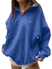 Women Letter Half Zipper Front Drop Shoulder Pullover Casual Sweatshirts