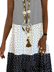 Women's Sleeveless Polka Dot Print Stripe Crew Neck Casual Weekend Dress