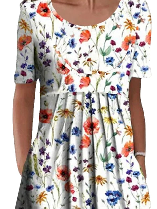 Women's Casual Dress Floral Dress Midi Dress White Short Sleeve Floral Ruched Spring Summer Crew Neck Basic Daily Vacation Weekend Print Dresses