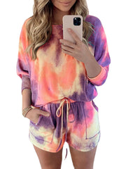 Tie Dye Women Long Sleeve Drawstring Pocket Shorts Casual Home Two-piece Set