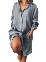 Women Loose Casual Long Sleeve V-neck Button Pocket Shirt Dress