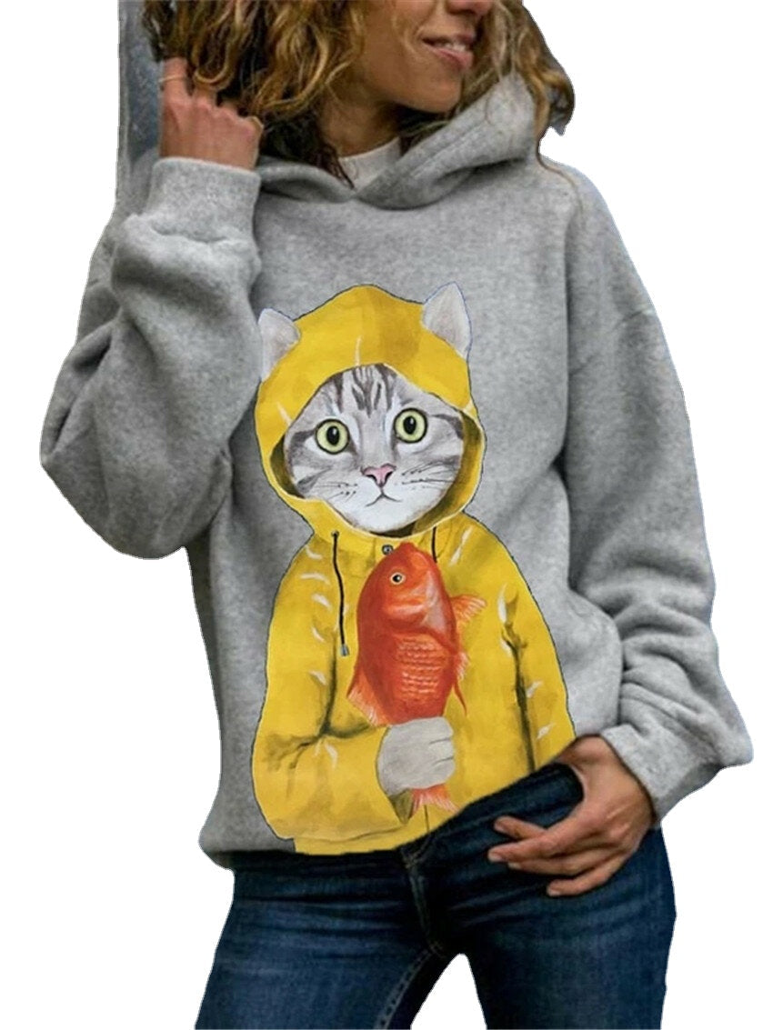 Women Cute Cartoon Cat Graphic Print Long Sleeve Casual Pullover Hoodie