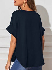 Solid V Neck Short Sleeve Loose Casual Blouse