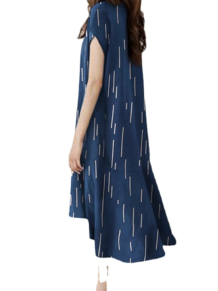 Striped Print Ruffled V Neck Short Sleeve Midi Dress