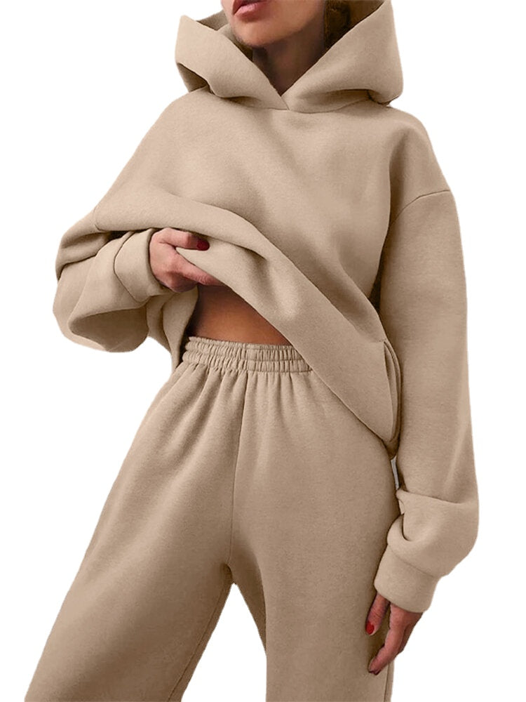 Women Elegant Solid Suits Warm Hooded Sweatshirt with Long Pant Casual Two Piece Sets