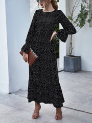 Women Polka Dot Print Pleated O-Neck Casual Long Sleeve Layered Maxi Dress