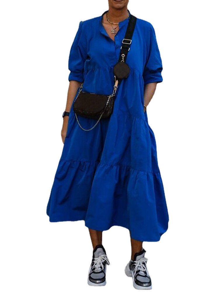 Pure Color Turn-down Collar Pleated Long Sleeve Maxi Dress
