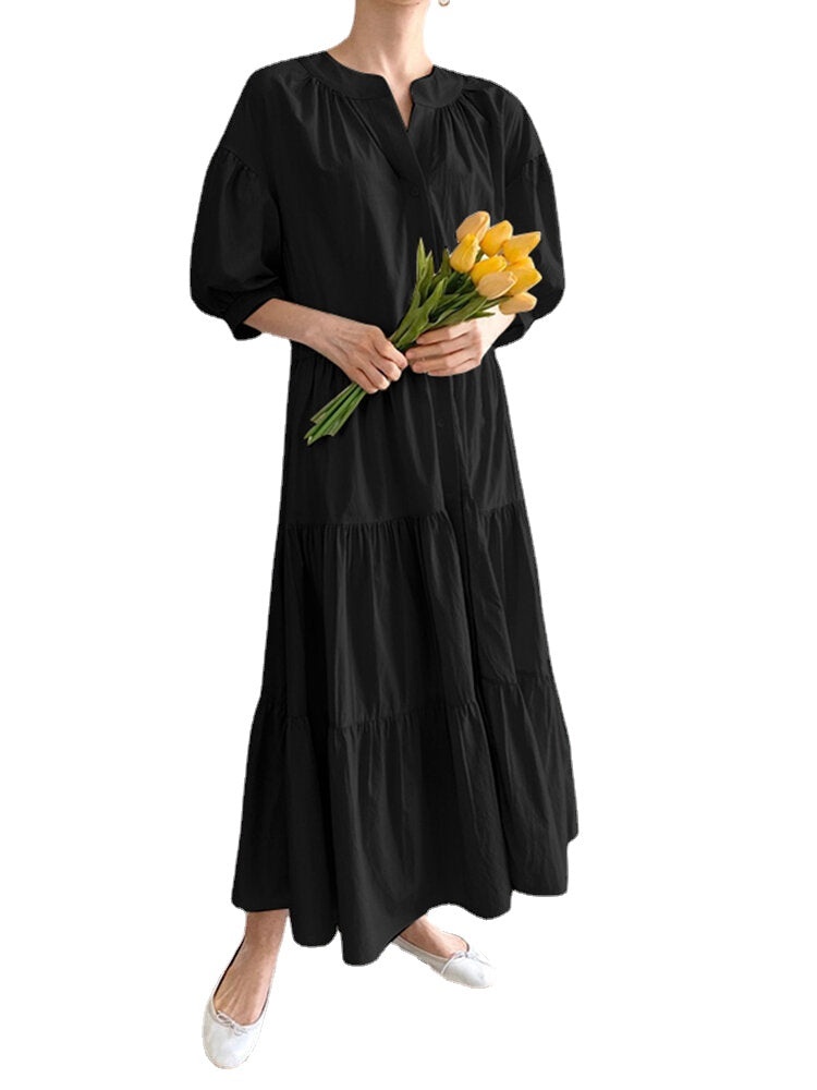 Solid Button Half Sleeve V-neck Loose Casual Maxi Dress