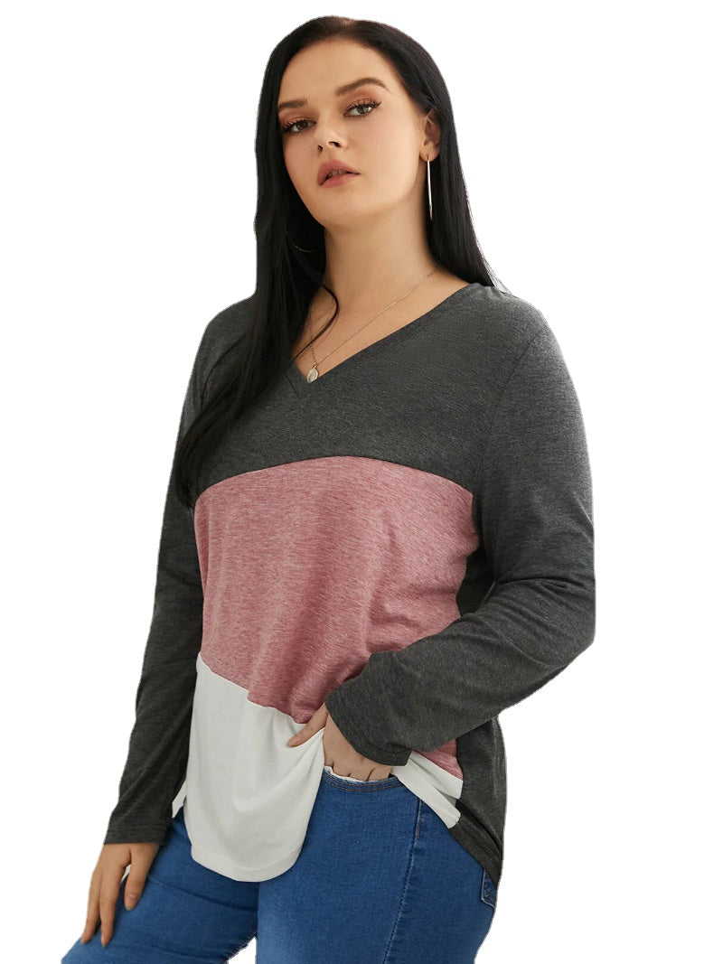 Plus Size V-neck Color Block Knit Patchwork Long Sleeves Tee