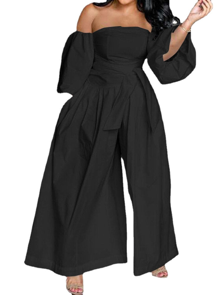 Women Solid Off Shoulder Lace Up Casual Wide Leg Jumpsuits With Pocket