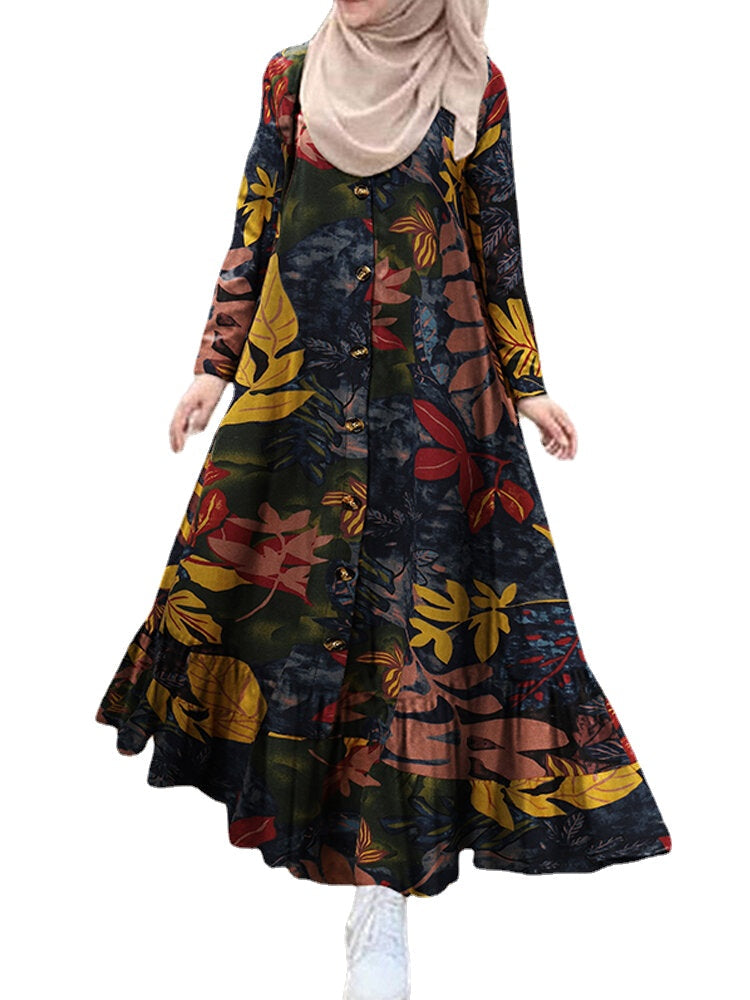 Floral Leaf Print Cotton Button Down Front Ruffles Hem Maxi Dress