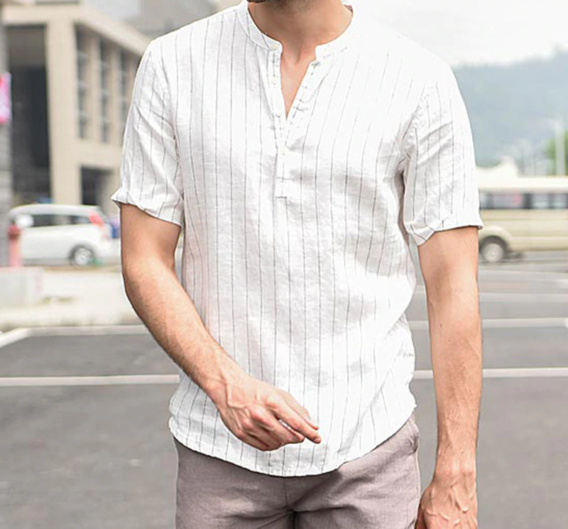 High Quality Cotton Linen Breathable Soft Striped Dress Shirt