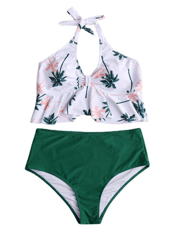 Flora Printed Halter Tropical Leaves Print Ruffle Bottom Backless Swimwear