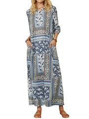 Women Ethnic Style Print V-neck Side Pocket 3/4 Sleeve Vintage Maxi Dress
