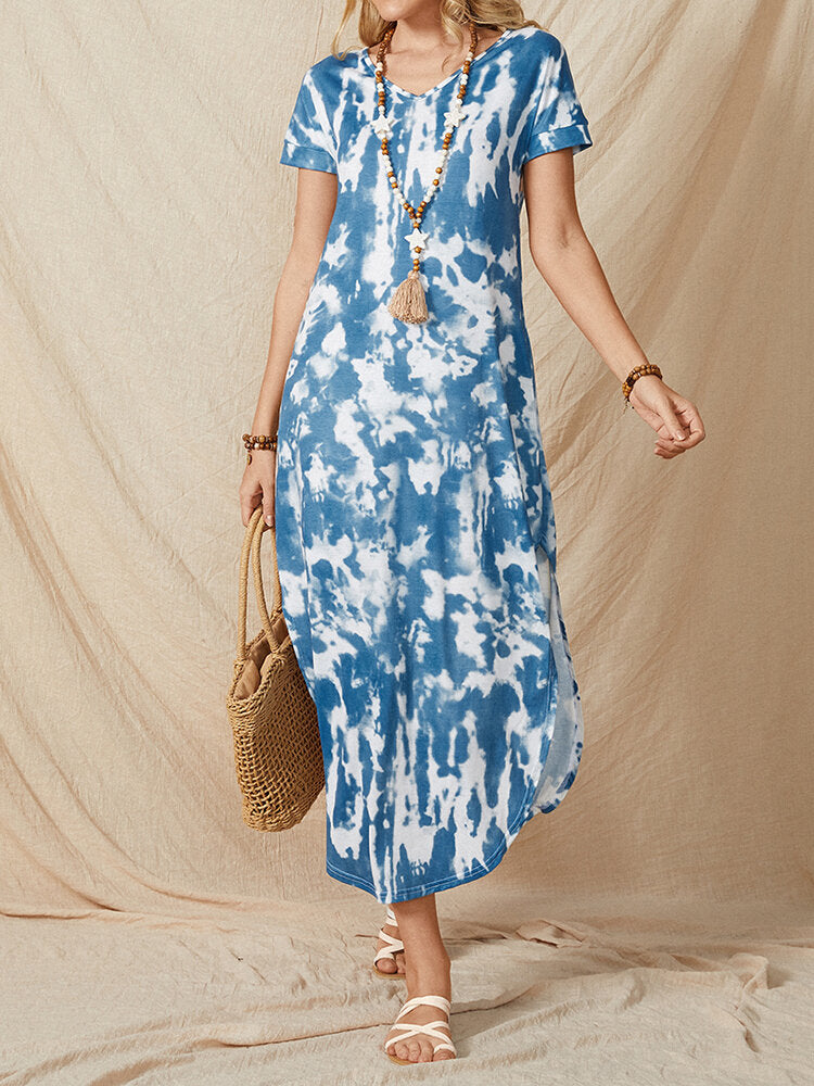 Women Solid V-Neck Tie Dye Split Side Casual Short Sleeve Maxi Dresses